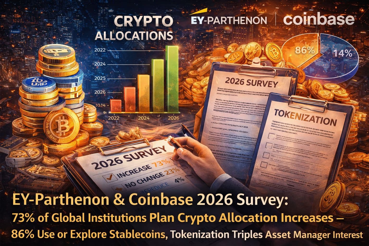 EY-Parthenon and Coinbase's 2026 Institutional Survey Confirms the Structural Shift: 73% of Global Institutions Are Increasing Crypto Allocations, 86% Are Adopting Stablecoins, and Asset Manager Tokenization Interest Has Surged 60% Year-on-Year — Volatility Sharpens Discipline Rather Than Dampening Conviction