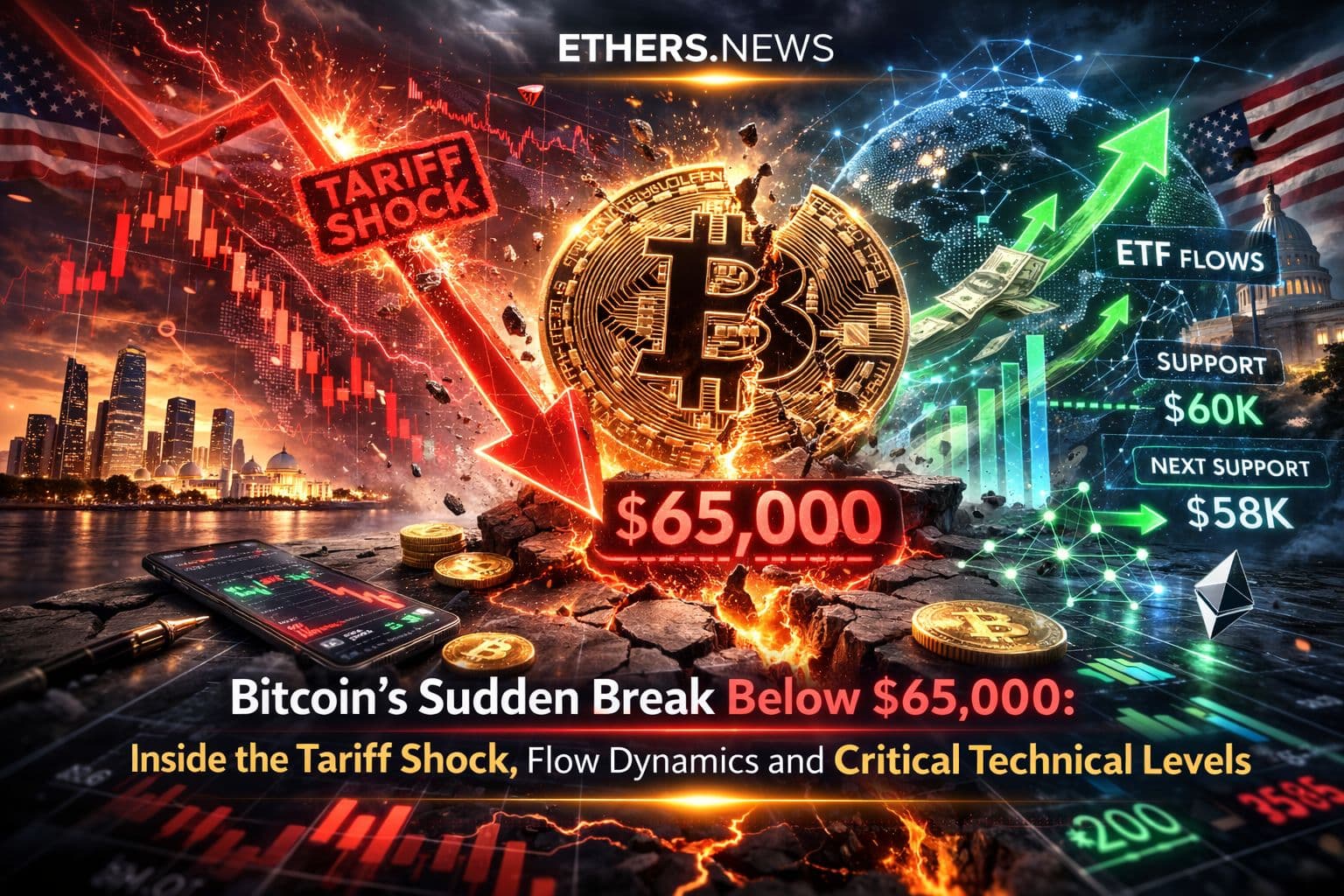 Bitcoin’s Sudden Break Below $65,000: Inside the Tariff Shock, Flow Dynamics and Critical Technical Levels